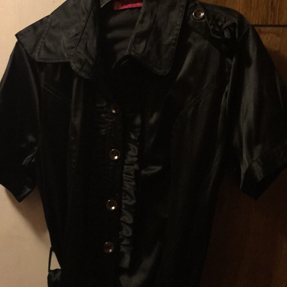 Black satin dress ruffle trim never worn size L